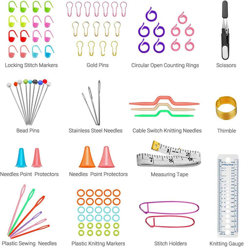 100 Pcs Crochet Hook Set with Yarn Knitting Needles Sewing Tools Full Set Knit Gauge Scissors Stitch Holders