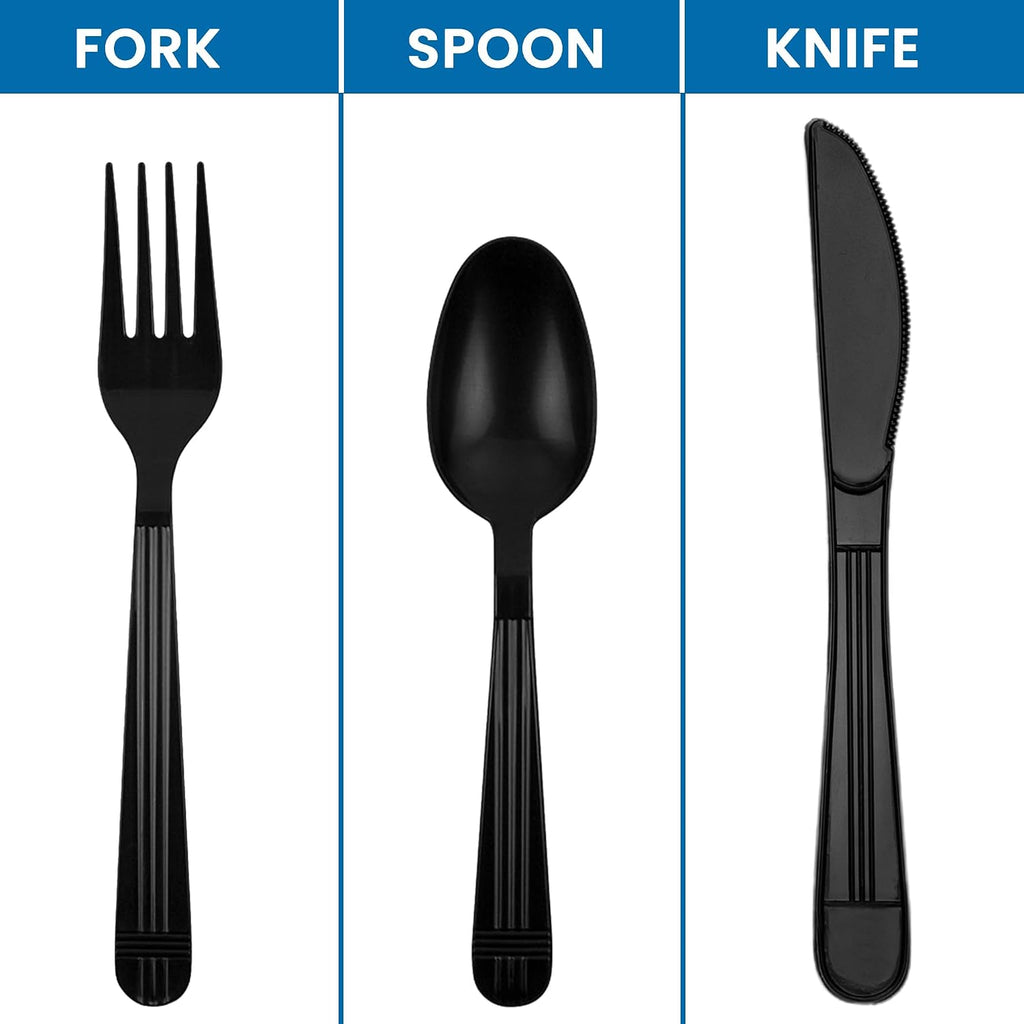 125ct Individually Wrapped Plastic Silverware Set Black - Pre Rolled Cutlery Kits with Napkin, Heavy Duty Disposable