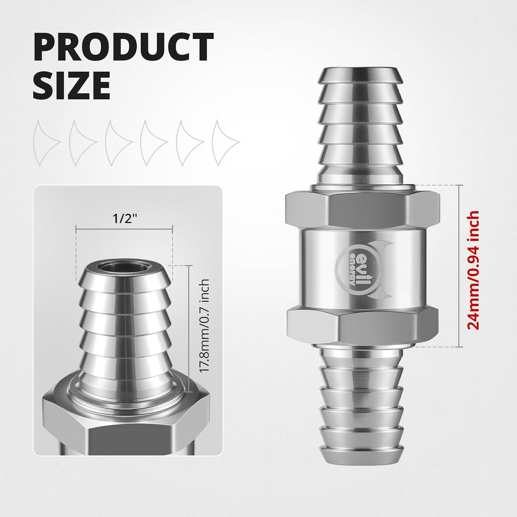 EVIL ENERGY 1/2" Fuel Check Valve One Way Inline Non Return Diesel Gasoline Silver (12mm OD,2PCS)