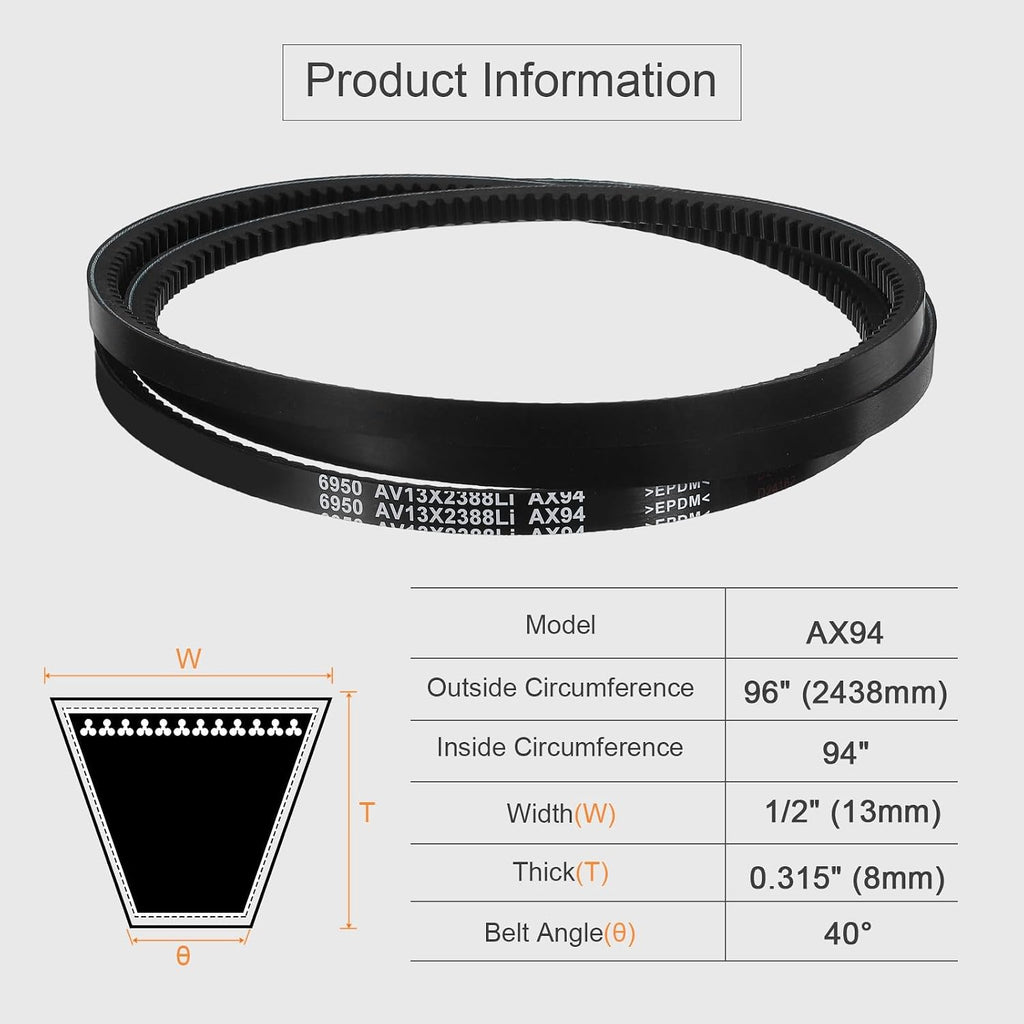 uxcell AX94 EPDM V-Belt, Raw Edge Cogged Industrial Rubber V Belt 1/2" Width x 94" Inside Circumference