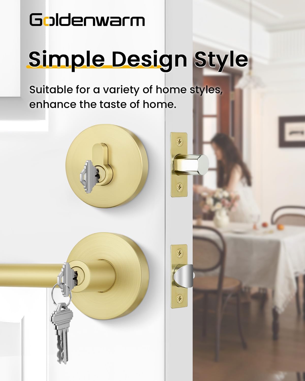 Exterior Deadbolt and Keyed Entry Door Handle Set, Heavy Duty Zinc Alloy Gold Door Lever, Key Entry Front Brushed
