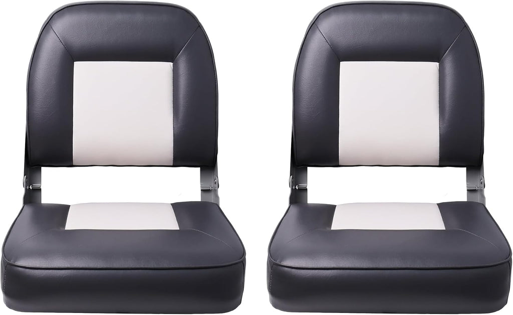 Classic Low Back Folding Fishing Boat Seat 2 Pack, White/Charcoal | Marine Boat Captain Chairs With Thick Cushion