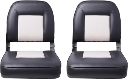Classic Low Back Folding Fishing Boat Seat 2 Pack, White/Charcoal | Marine Boat Captain Chairs With Thick Cushion