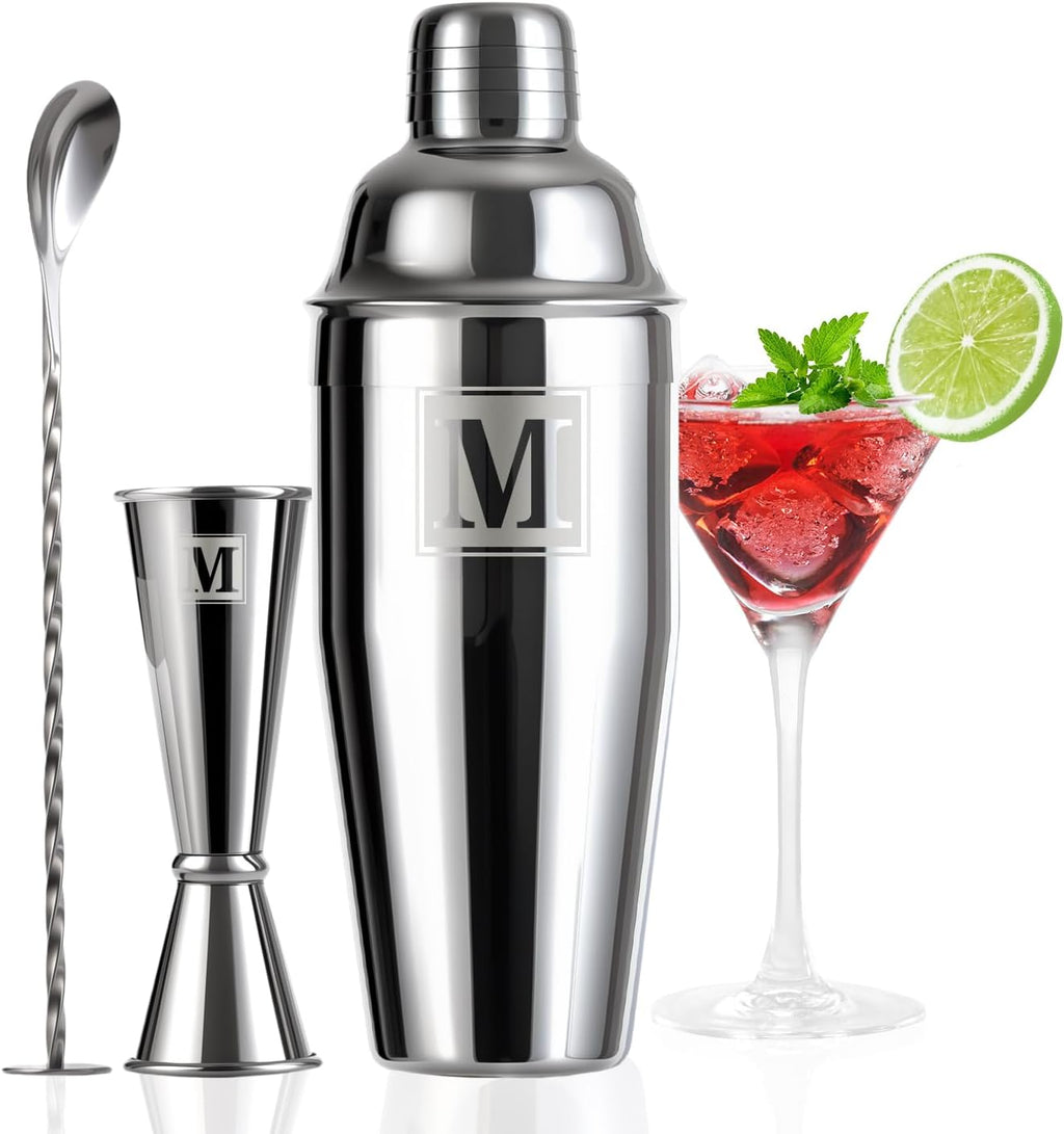 24oz Cocktail Shaker Set with 1 oz 2oz Jigger - Monogramm Initials Martini Shaker Set - 304 Stainless Steel Bar