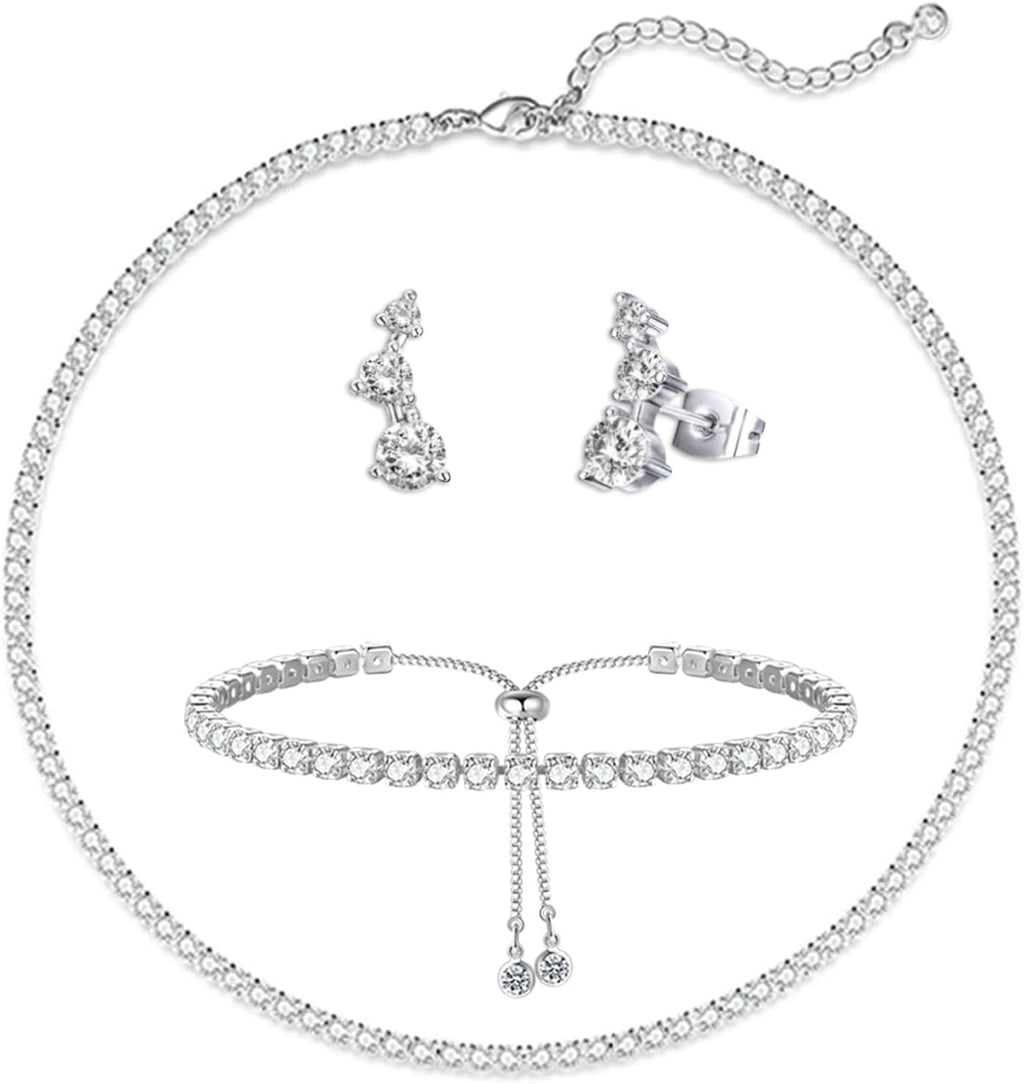 Crystal Wedding Jewelry Set, Silver Necklace Earrings Bracelet Crystal Bridal Wedding Jewelry Sets for Brides