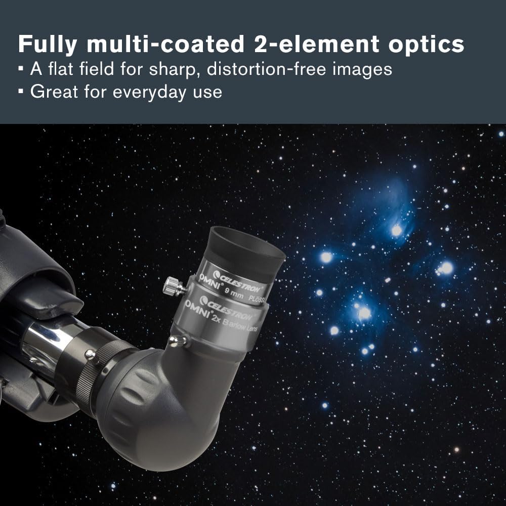 Omni 1.25" 2X Barlow Lens for Telescope Eyepieces Threaded Barrel | Doubles Eyepiece Magnification, Fully