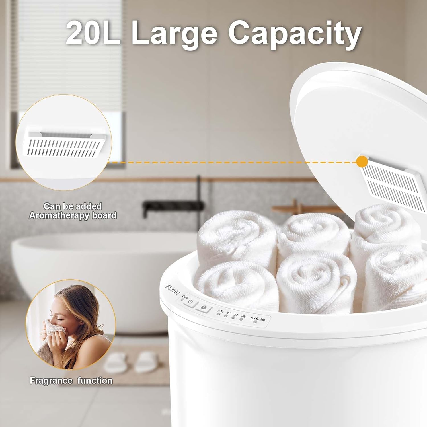 Large Towel Warmer for Bathroom - Heated Towel Warmers Bucket, Wood Handle, Auto Shut Off, Fits Up to Two 40"X70"