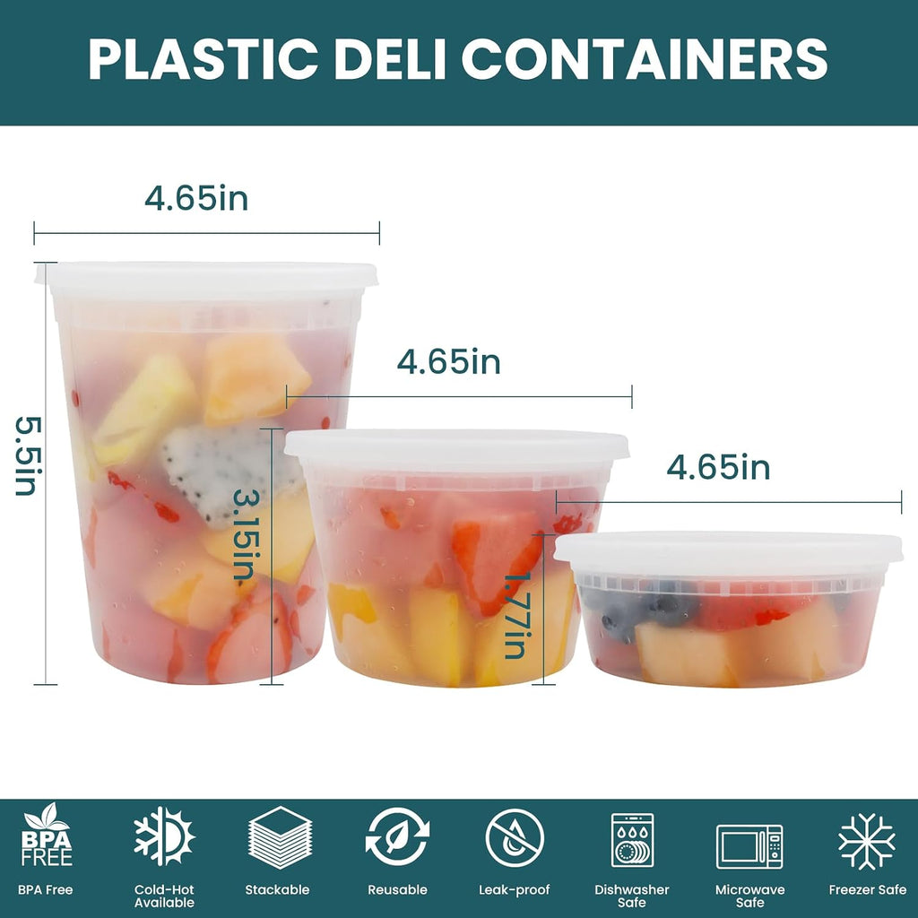 Deli Containers with Lids 48 Sets- Disposable Soup Containers 8oz, 16oz, 32oz - Plastic Containers with Lids, Food