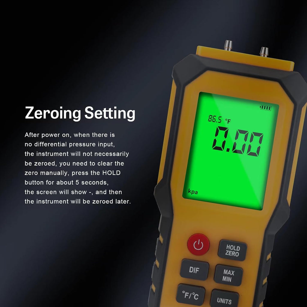 5/16 Inches Diameter Pressure Port Digital Manometer, YZT Meter Dual Port Air Pressure Meter Pressure Gauge HVAC Gas Tester, Differential Pressure Manometer
