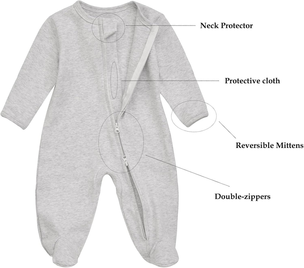 Baby Footie Pajama with Mitten Cuffs, Double Zipper Infant Cotton clothes Sleeper Pjs, Footed Sleep Play