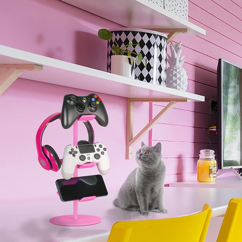 Controller Holder Pink,Headphone Stand,3 Tier Multi Adjustable Game Controller Headset Hanger for All Universal