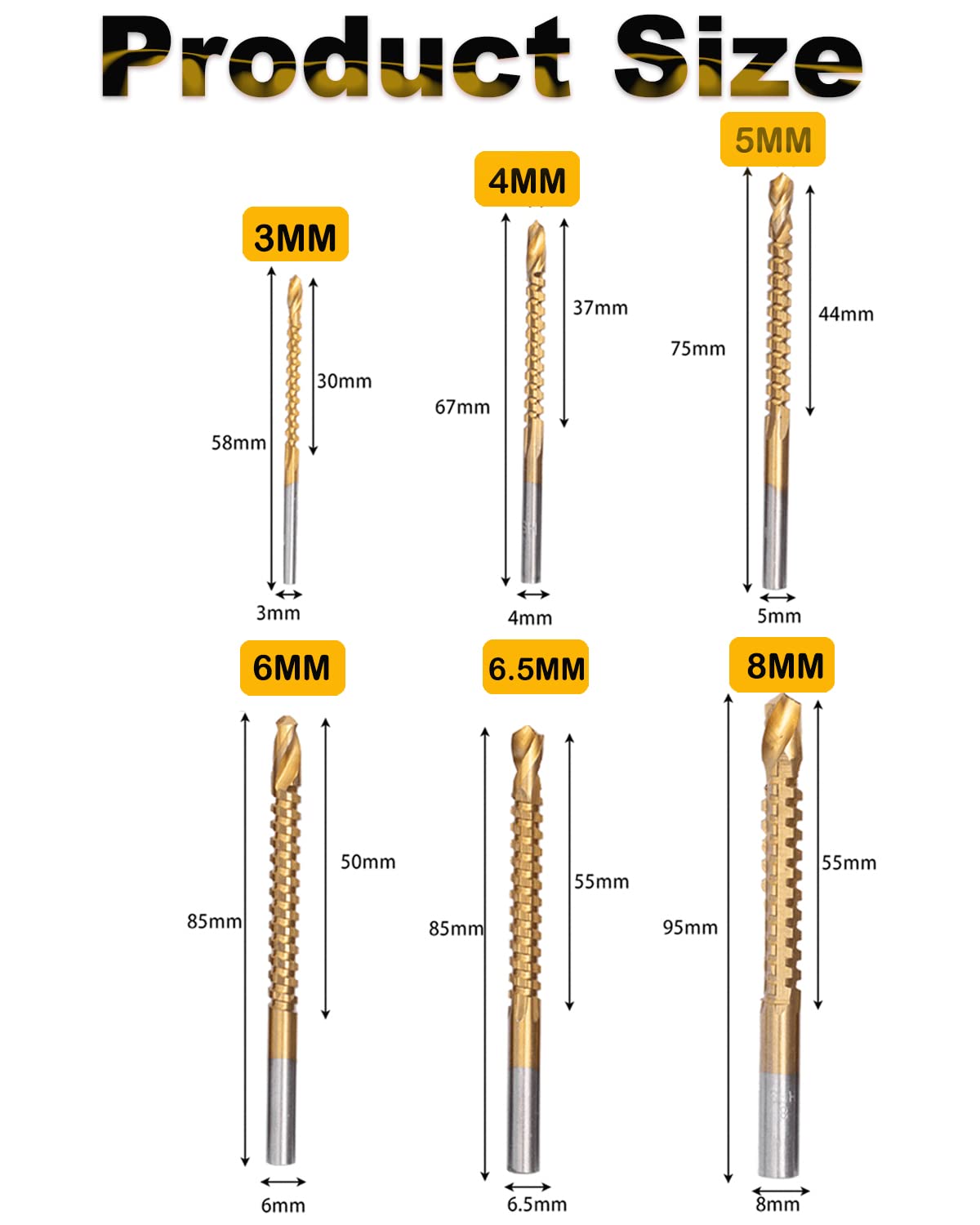 Rocaris 6 Pack 3-8mm Titanium Coated HSS Twist Drill Bits