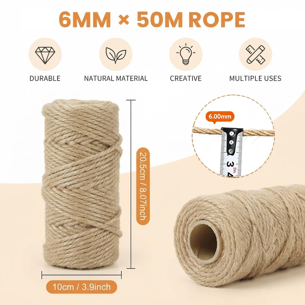 1/4" x 164 Ft Jute Twine String, Thick Twine Rope for Cat Scratching Post