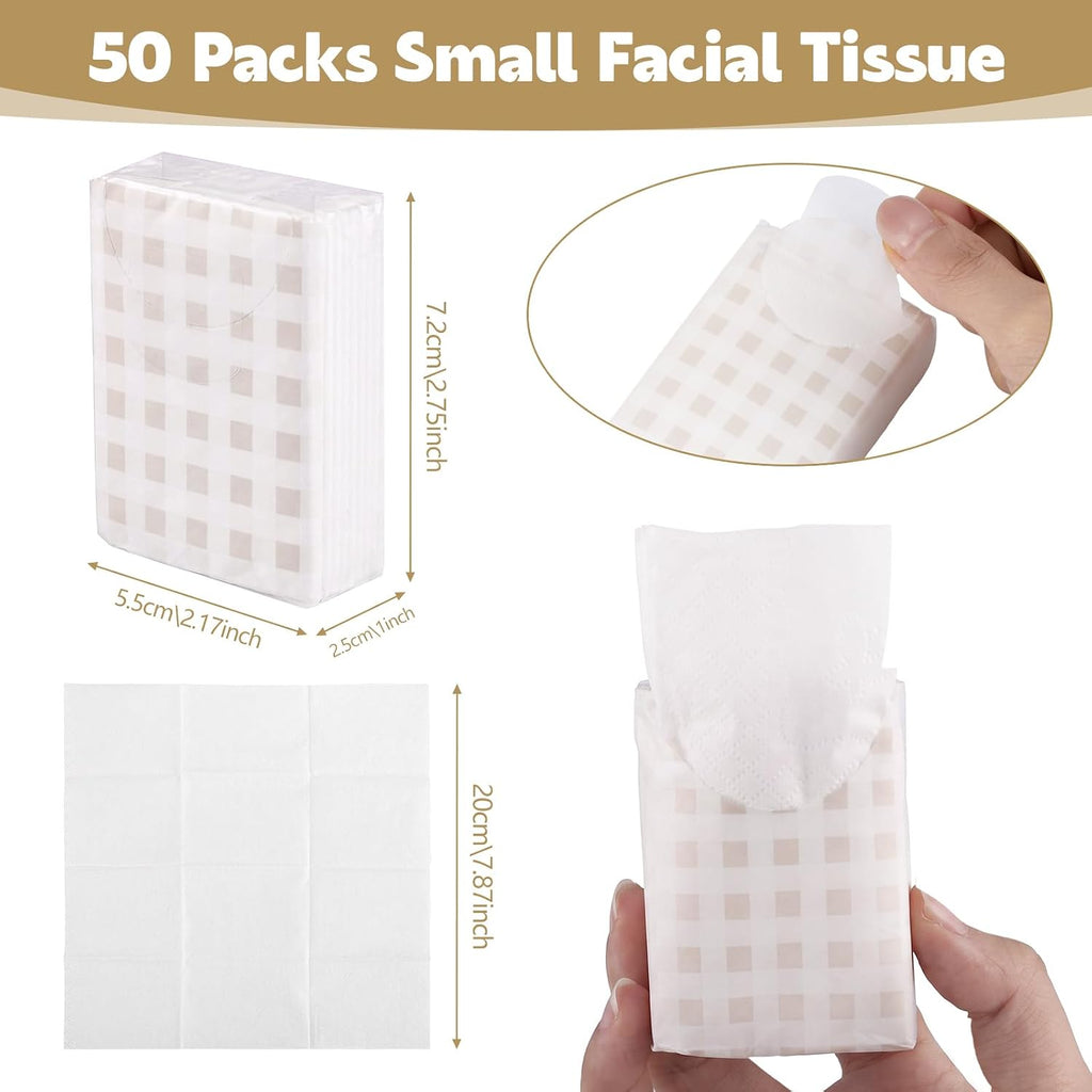 50 Pack Pocket Tissues, 3 Ply Ivory Gingham Travel Tissues