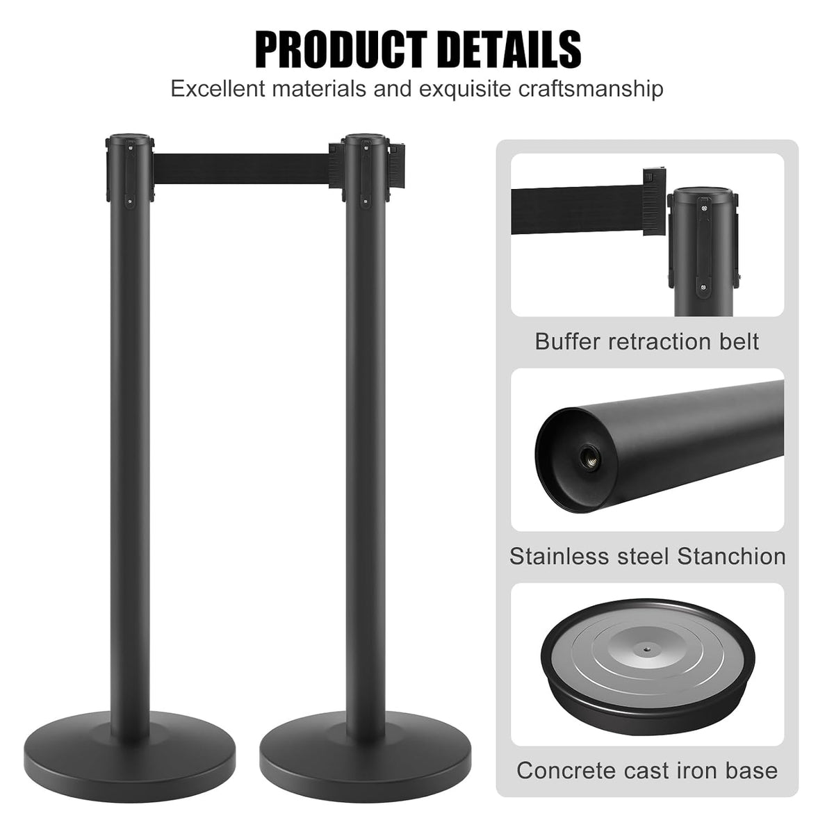 2 Pack Stanchions with Retractable Barriers 11 Feet Belts (Black)