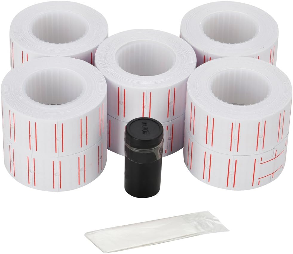 10 Rolls 6000 White Price Gun Labels for Mx-5500 - with Double Red Line Visibility, Refill Ink Roll & Disposable