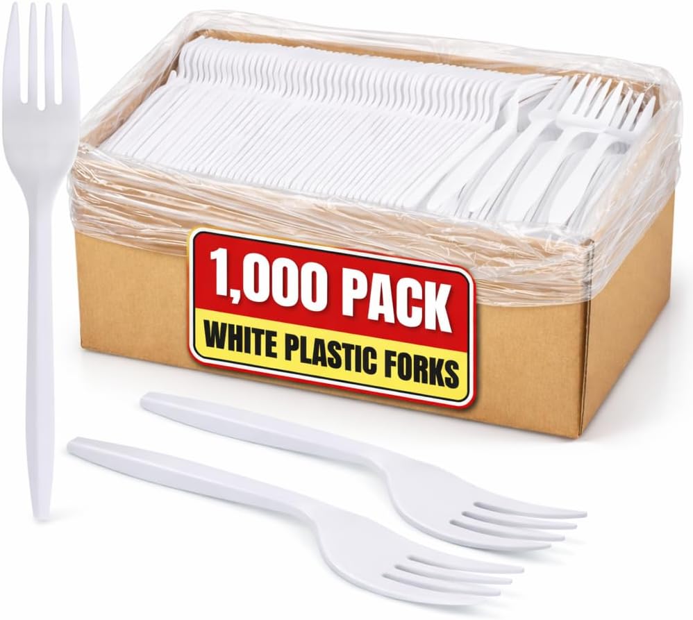 Plastic Forks Bulk, Disposable Medium Weight Cutlery, Heavy Duty White, 1000 Pack