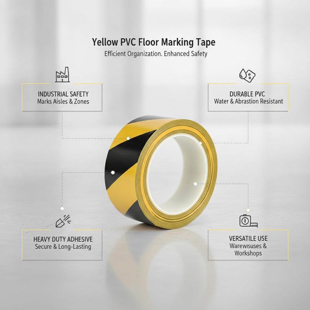 Yellow PVC Floor Marking Tape - Heavy Duty Adhesive for Warehouse Aisles, Factory Walkways & Industrial Safety Zones