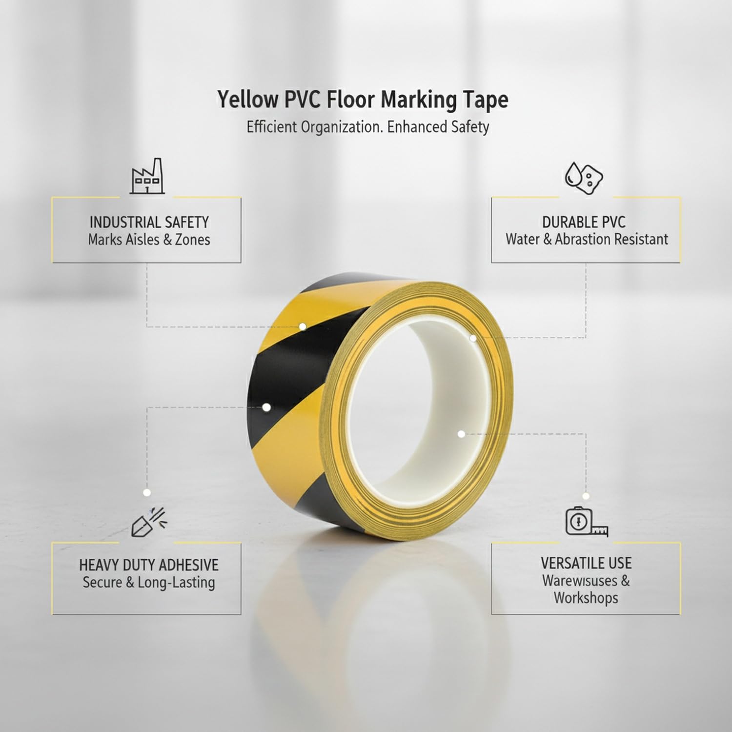 Yellow PVC Floor Marking Tape - Heavy Duty Adhesive for Warehouse Aisles, Factory Walkways & Industrial Safety Zones