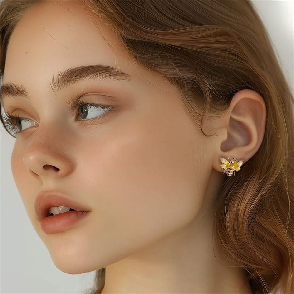 Dainty Honeybee Stud Earrings Sterling Silver Post Studs Cubic Zriconia Rhinestone Bee Insects Animal Cartilage