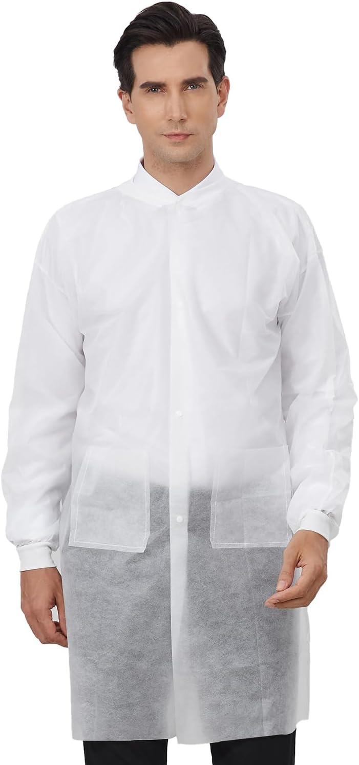 Disposable Lab Coats 10-Pack White 3 Pockets Knitted Cuffs S-2XL