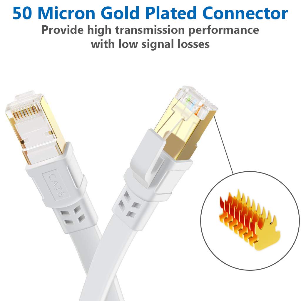 Cat 8 Ethernet Cable 50 ft High Speed Flat Internet Network RJ45 Cable Shielded 2000Mhz 40Gbps LAN Patch Cables Cords