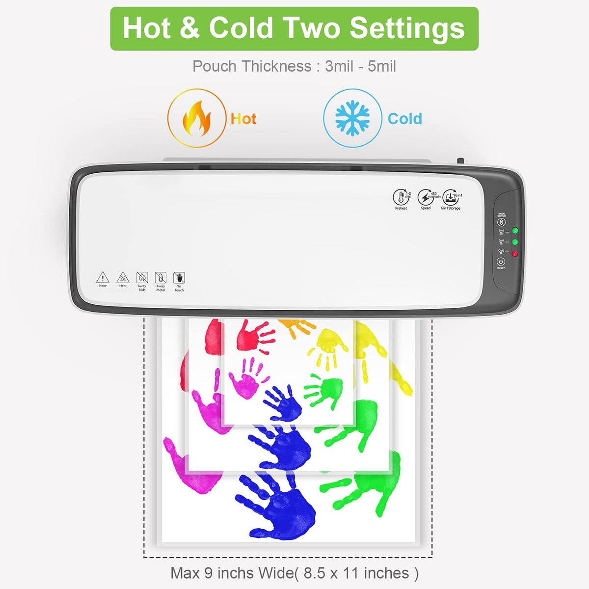 Laminator with Laminating Sheets 9 inch Portable Thermal Lamination | White, Hot & Cold modes, 6 in 1 Laminator kit