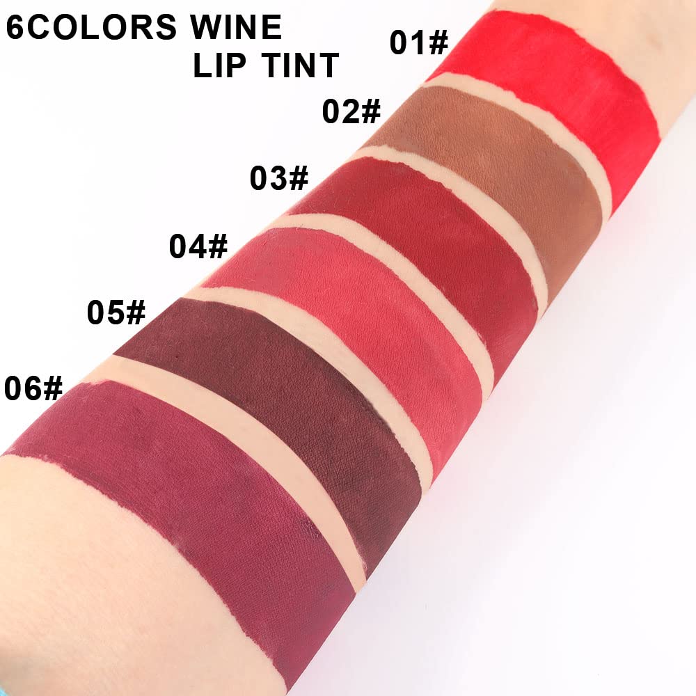 6Pcs Wine Bottle Lip Tint Stain Set Long Lasting Lipstick 24 hour Waterproof for Women, Ruby Dark Deep Rose Red Plum