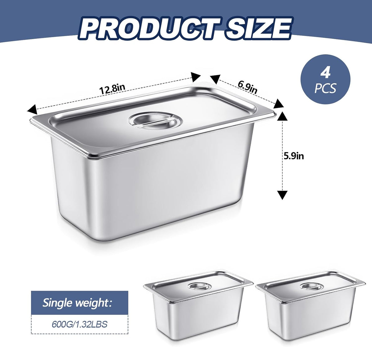 4 Pack Stainless 1/3 Size x 6 Inch Deep Steam Table Pans with Lids