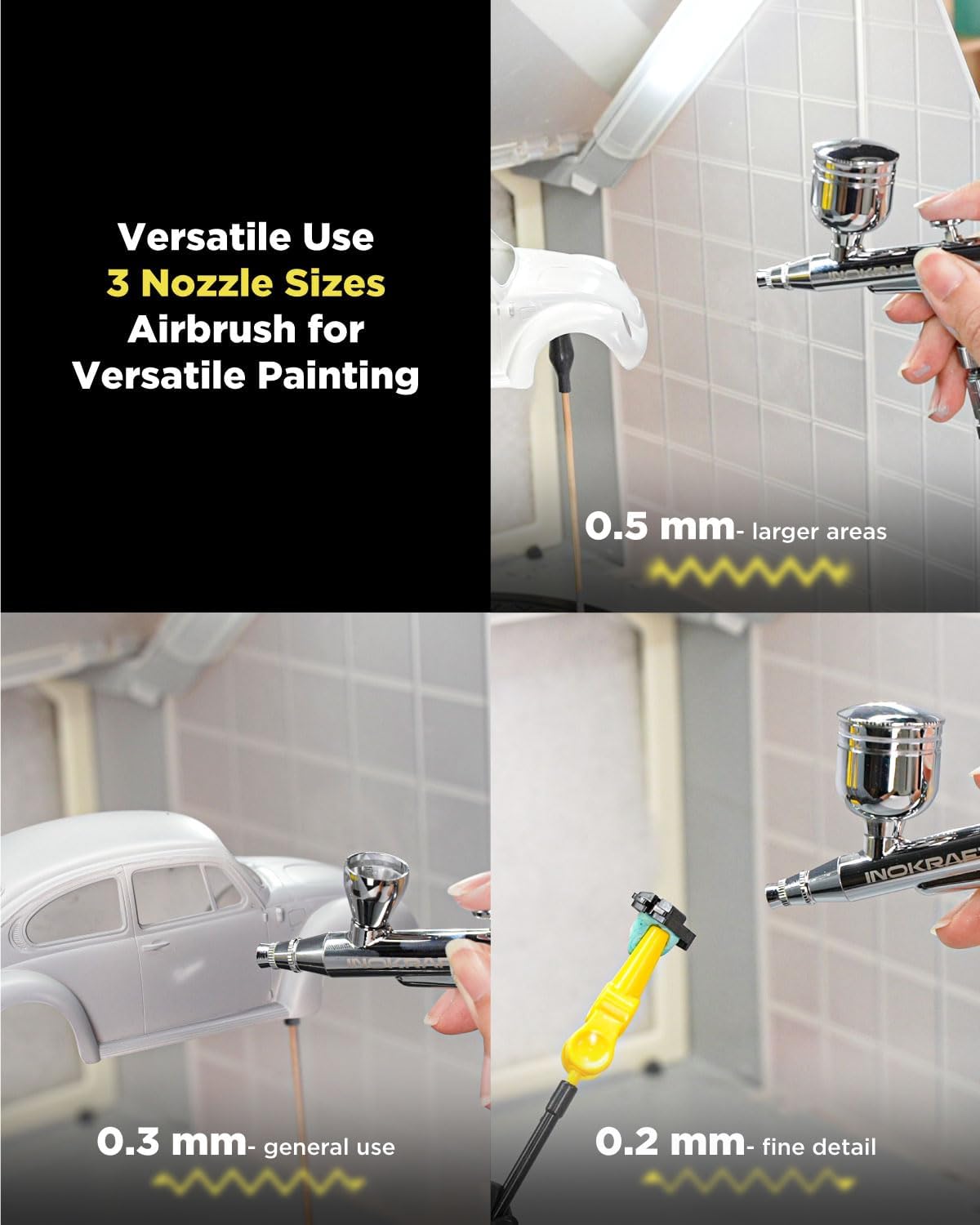 Airbrush Kit with 1/6 HP Quiet Air Compressor, 4 Colors | Gravity Airbrush with 3 Tips 0.2, 0.3 & 0.5 mm- Hose
