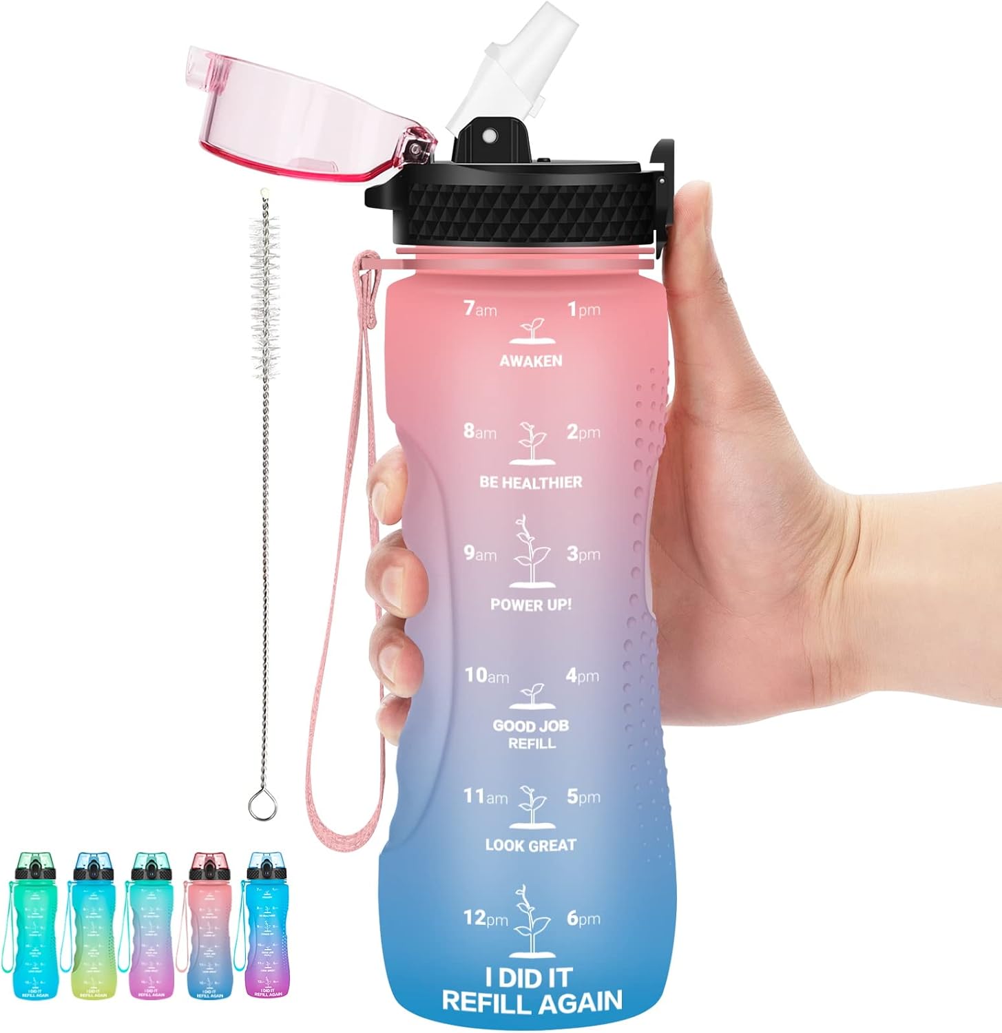 24 OZ Motivational Kids Water Bottle With Time Marker,Straw Lid,Leak Proof, Tritan BPA Free Sports Water Bottle