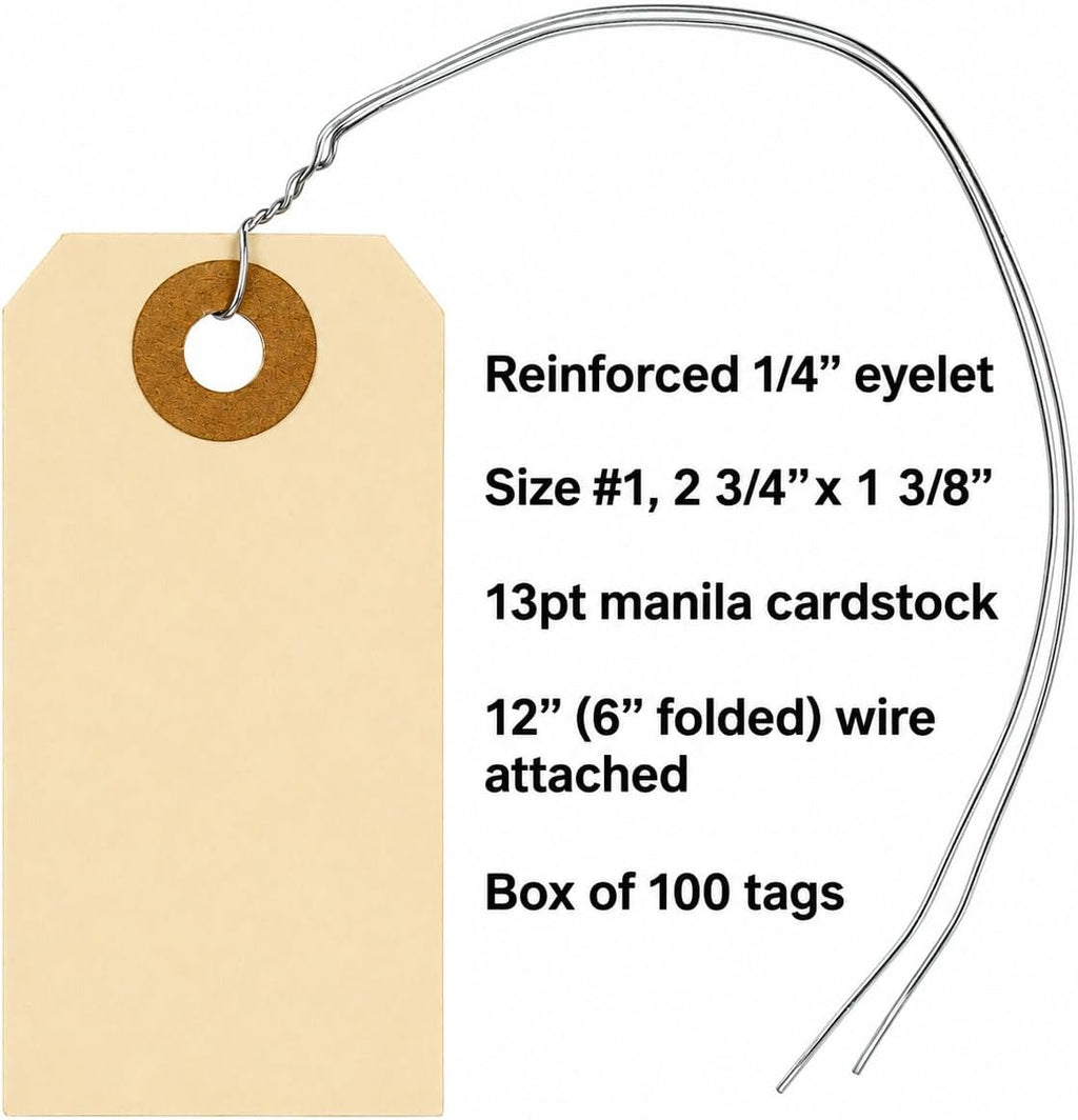 100 Small Manila Shipping Tags with Wire Attached, #1, 2 3/4" x 1 3/8"