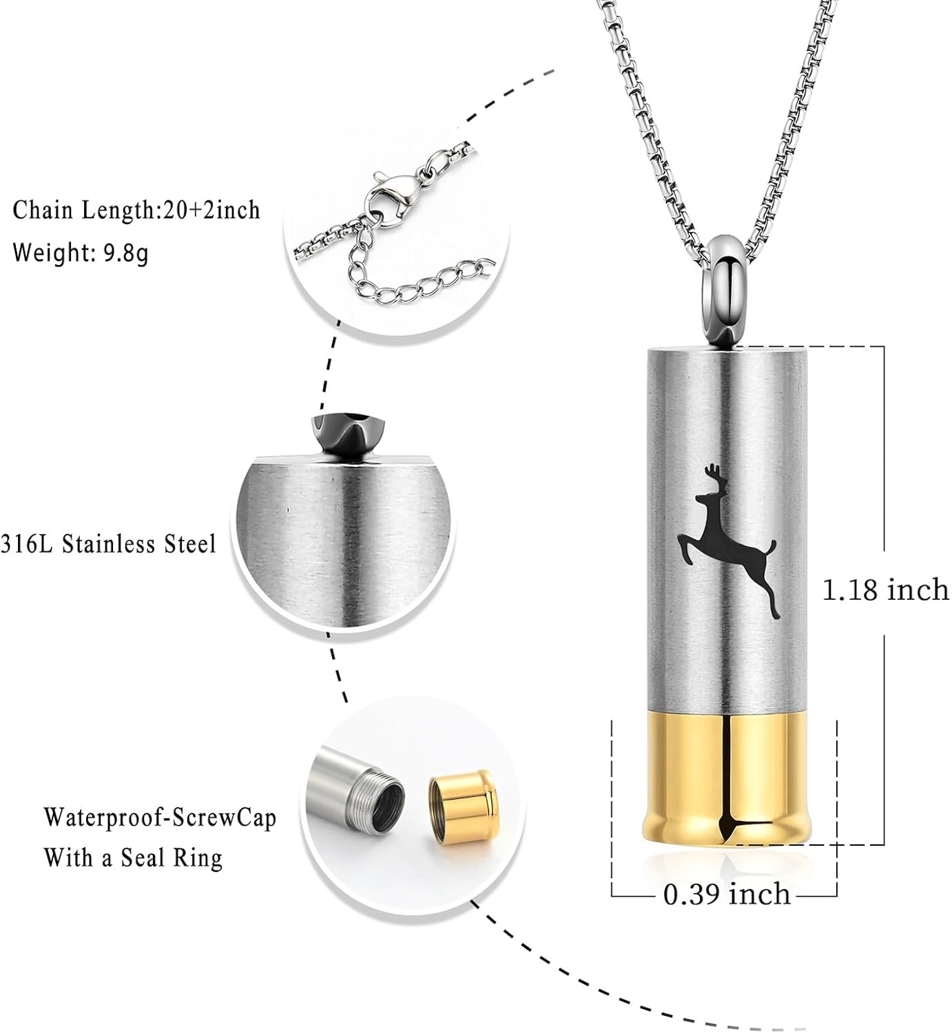 Shotgun Shell Cremation Jewelry Urn Necklace For Ashes Of Loved Ones -Dad/Mom/Son/Grandma/Grandpa Cylinder Memorial