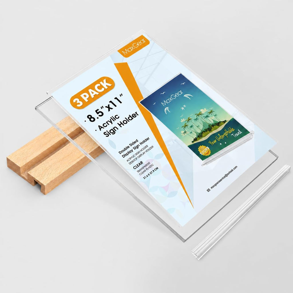 Acrylic Sign Holder with Wood Base 8.5"x11" T/L Display, 3 Pack | Easy Sign Replacement, Clear Acrylic Visibility