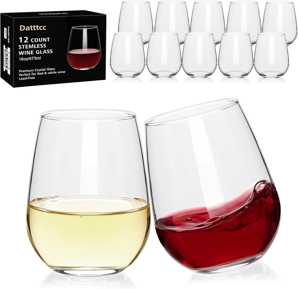 Stemless Wine Glasses Set of 12,16oz Crystal Red Wine Glass