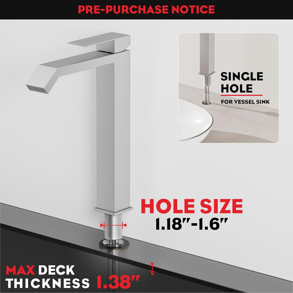 Brushed Nickle Single Hole Tall Vessel Sink Bathroom Faucet, Above Counter Single Handle Square Waterfall Vessel