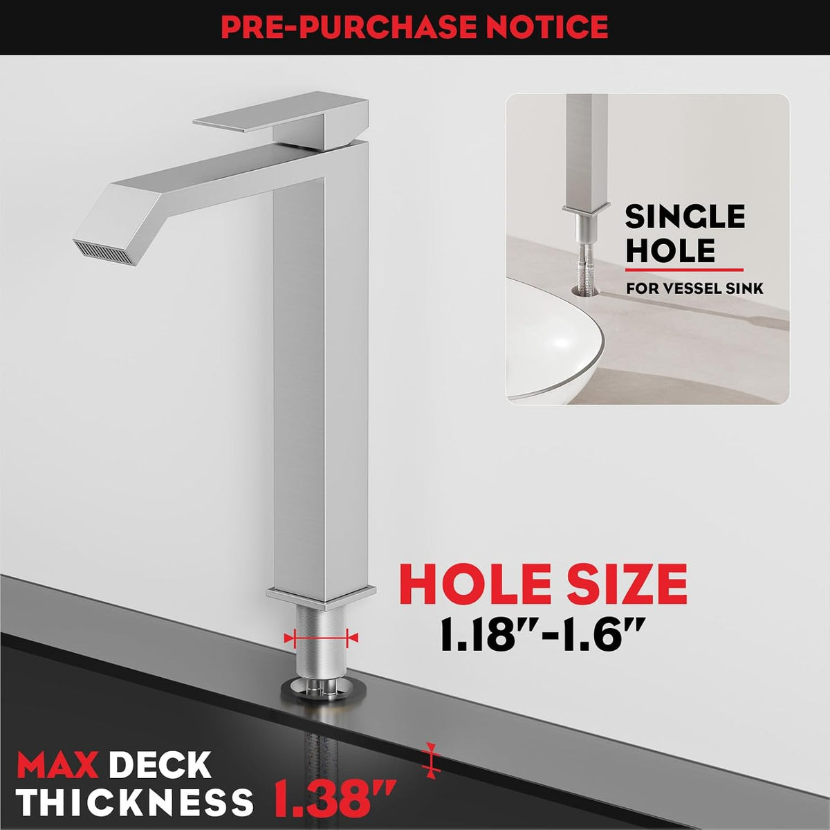 Brushed Nickle Single Hole Tall Vessel Sink Bathroom Faucet, Above Counter Single Handle Square Waterfall Vessel