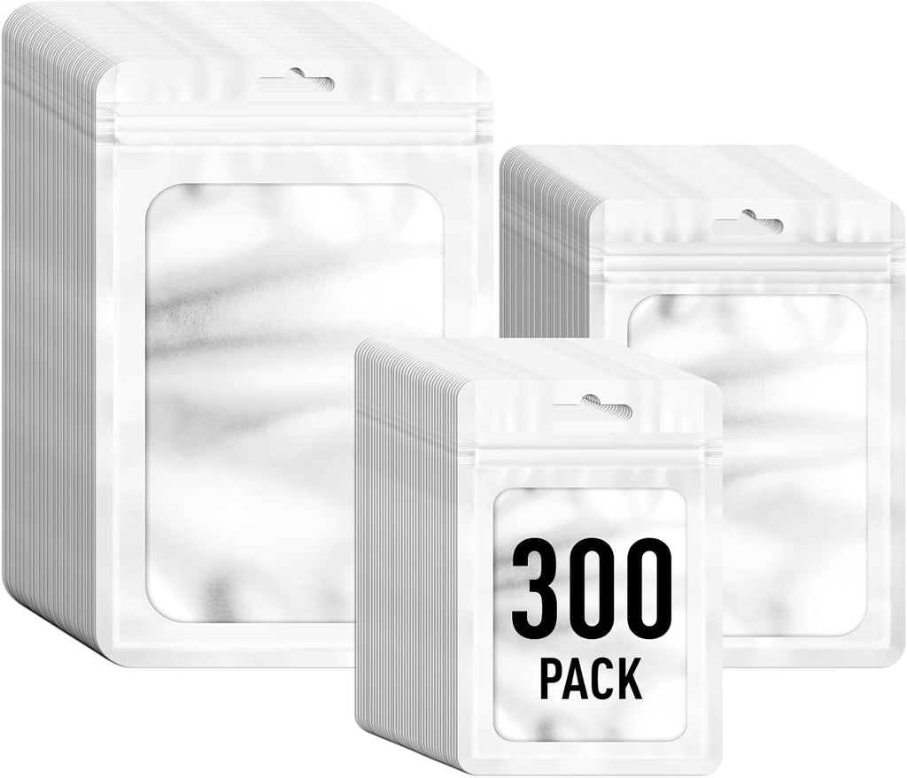 300 Pcs Mylar Bags 3 Size, White Resealable Smell Proof Bag Sealable
