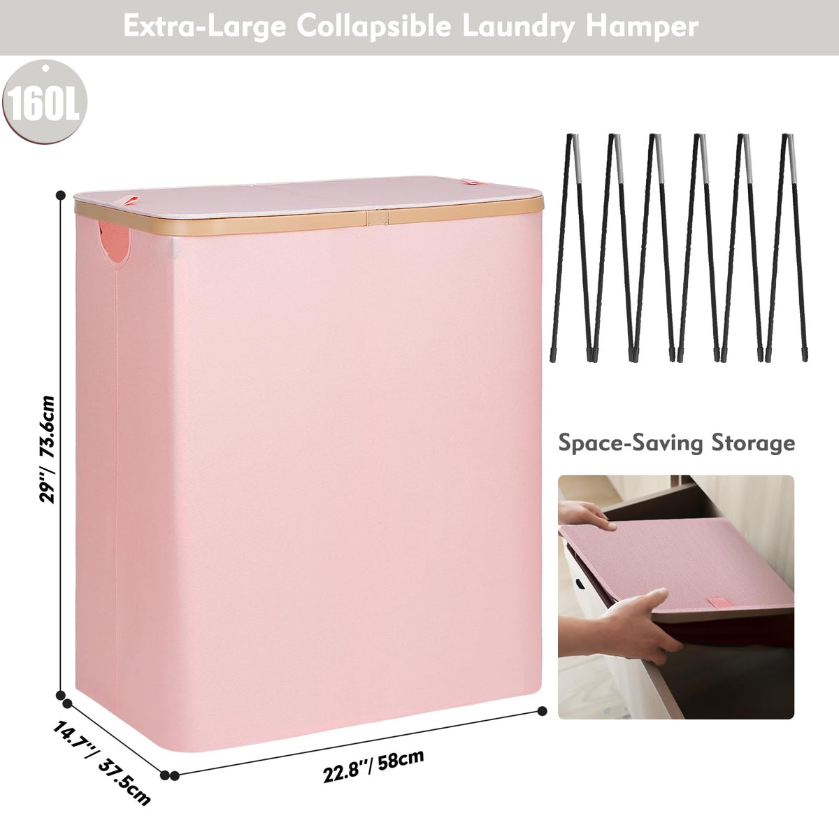 160L Double Laundry Basket Hamper with Lid & Removable Bags, Pink