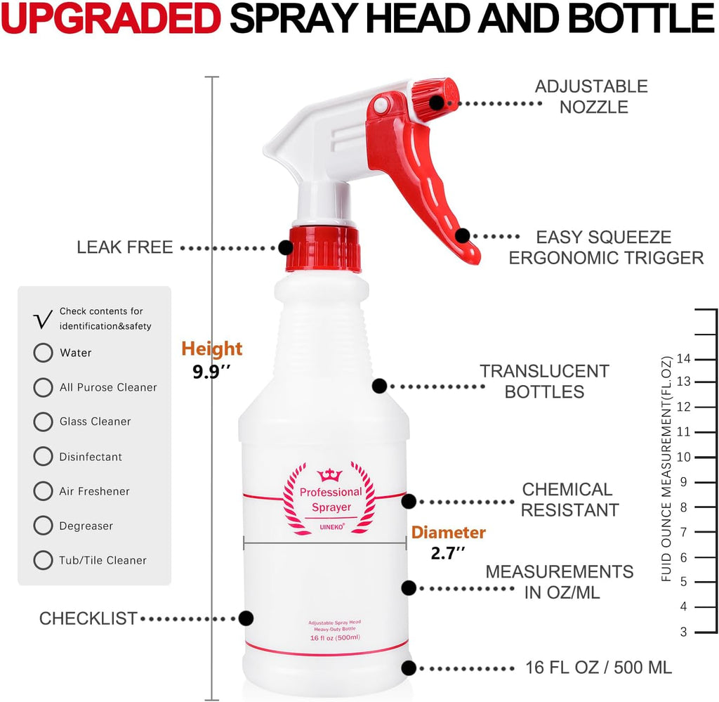 Plastic Spray Bottle (4 Pack, 16 Oz, All-Purpose) Heavy Duty Spraying Bottles Leak Proof Mist Empty Water Bottle for