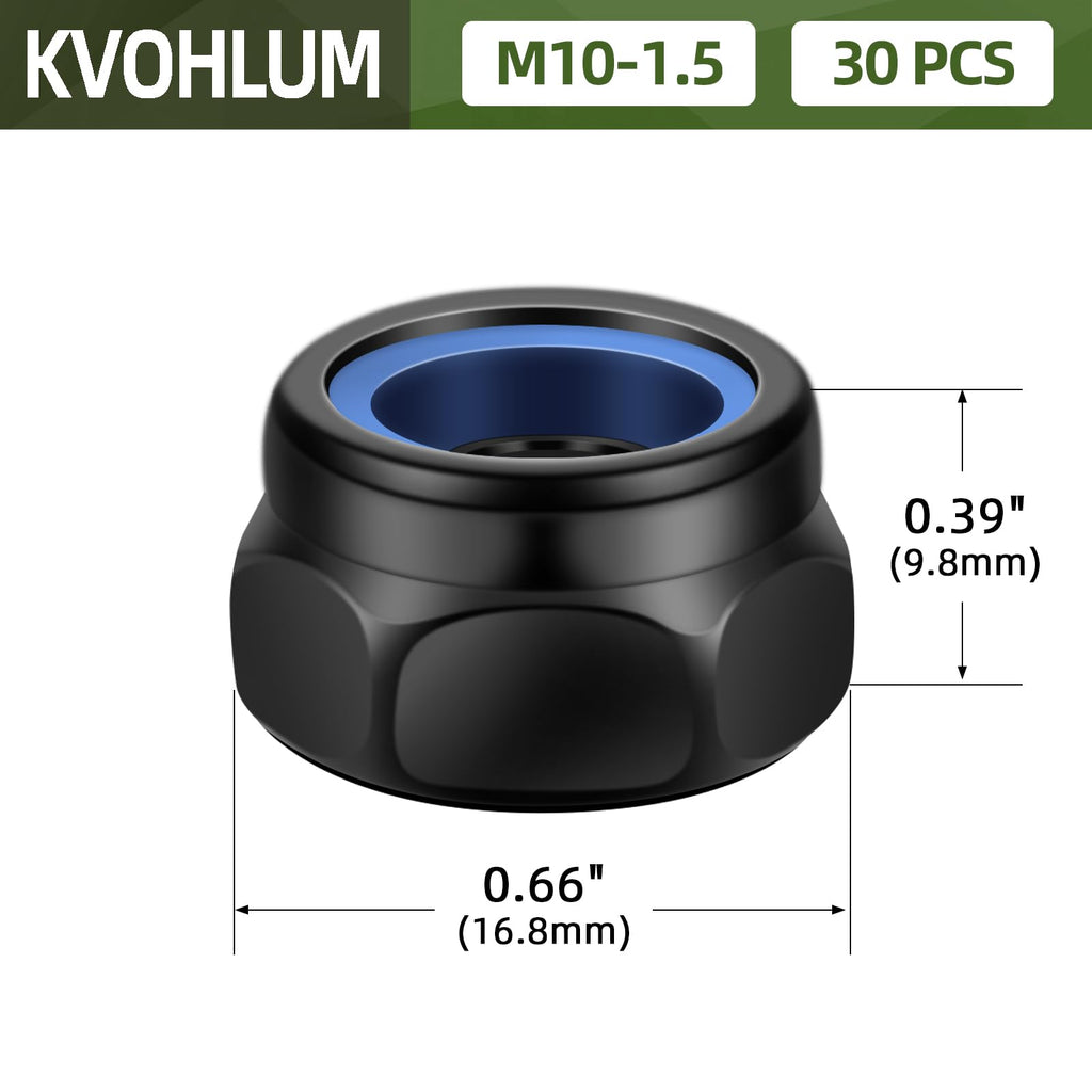 30 PCS M10-1.5 Nylon Insert Locknuts, Standard Metric Thread Self-Lock Nylon Inserted Hex Lock Nuts, Black Coating