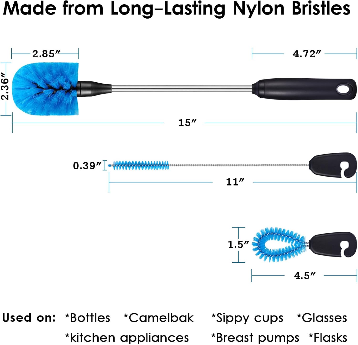 3-in-1 Water Bottle Brush and Straw Cleaning Set, Round Head | Non-Silp, Stainless Steel, Long Handle with