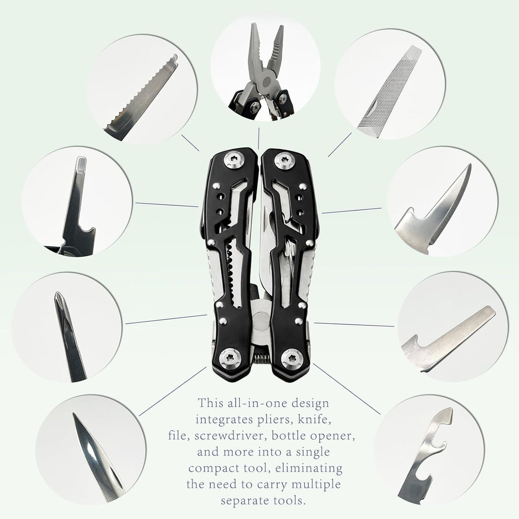 14-in-1 Safety-Locking Stainless Steel Multitool Pliers – Folding Pocket Knife with Screwdrivers, Bottle Opener &
