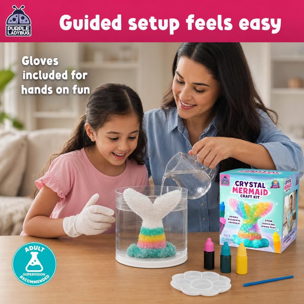 Crystal Growing Kit for Kids Ages 6-8, Mermaid STEM Science Craft Toy | Grow and Paint Mermaid Tail, Science
