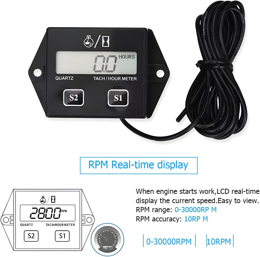 Moly Magnolia Small Engine Tachometer Hour Meter, 0-25000 RPM Inductive