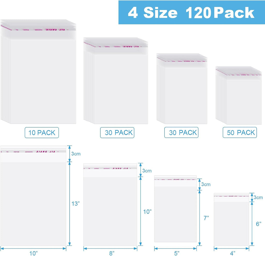 120 Pcs Clear Cellophane Bags Self Adhesive, 4 Size Cello Bags