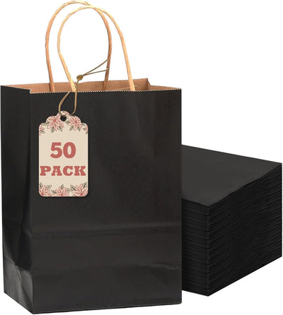 50-Packs Black Paper Gift Bags with Handles Bulk 8.3"x3"x 6" Small Size Paper Bags Multiple Uses(Small Size)