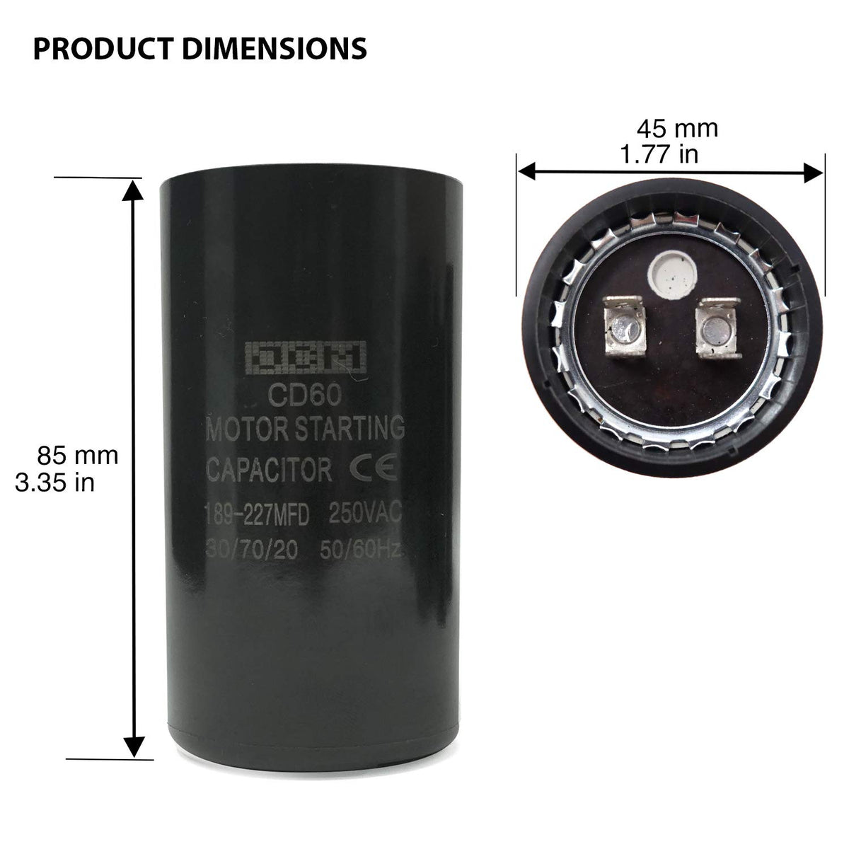JCM CD60 Motor Start Capacitor 189-227 uF MFD 250V AC 50/60Hz Round
