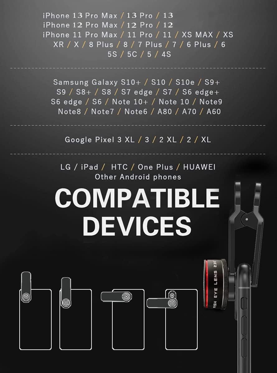 Phone Camera Lens, Clip on Cell HD Phone Fisheye Lens kit, 235° Fisheye Lens ，for Most iPhone Android Samsung Phones