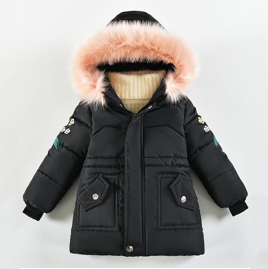 Girls Winter Coat Cute Zip Up Puffer Jackets Kids Warm Solid Quilted Padded Down Jacket Outwear with Faux Fur Hood